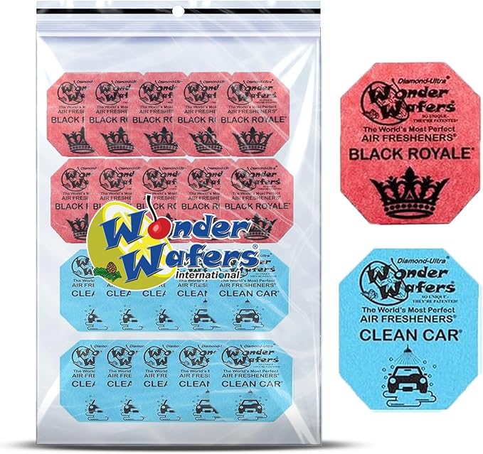 20 pack of Wonder Wafer Car Air Freshener: Individually Wrapped - 10 Black Royale, 10 Clean Car, 2 scents