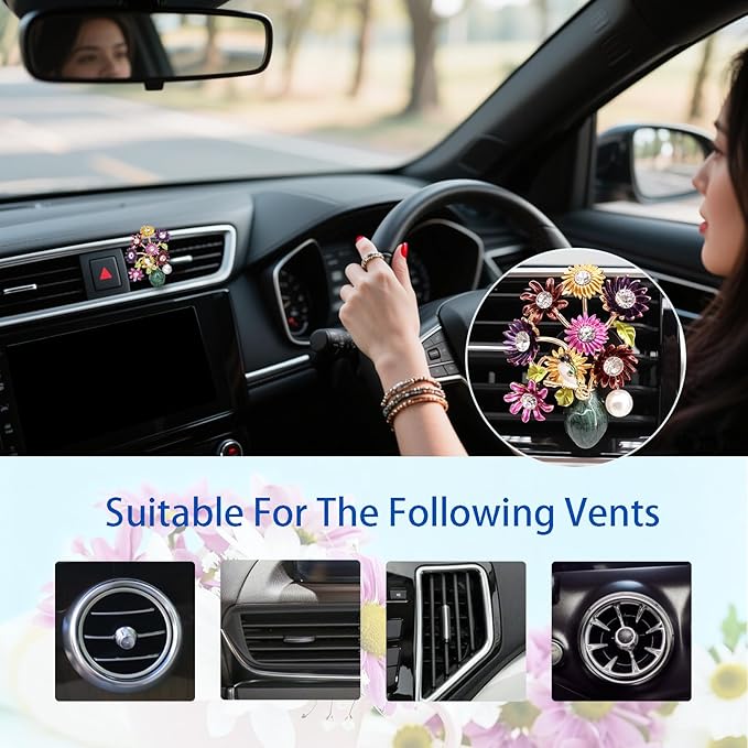 Flower Car Decor,Cute Dasiy Bird Vase Car Air Freshener Vent Clip,Bling Alloy Colorful DashBoard Vent Decorations Aesthetics for Women,Refillable Aroma Diffuser