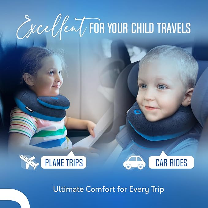 BCOZZY Kids Chin Supporting Travel Pillow for Ages 3–7- Patented Soft Neck Pillow for Head and Chin Support in Car Seat and Airplane. Comfortable Travel Essential. Small Size, Bag, Light Blue