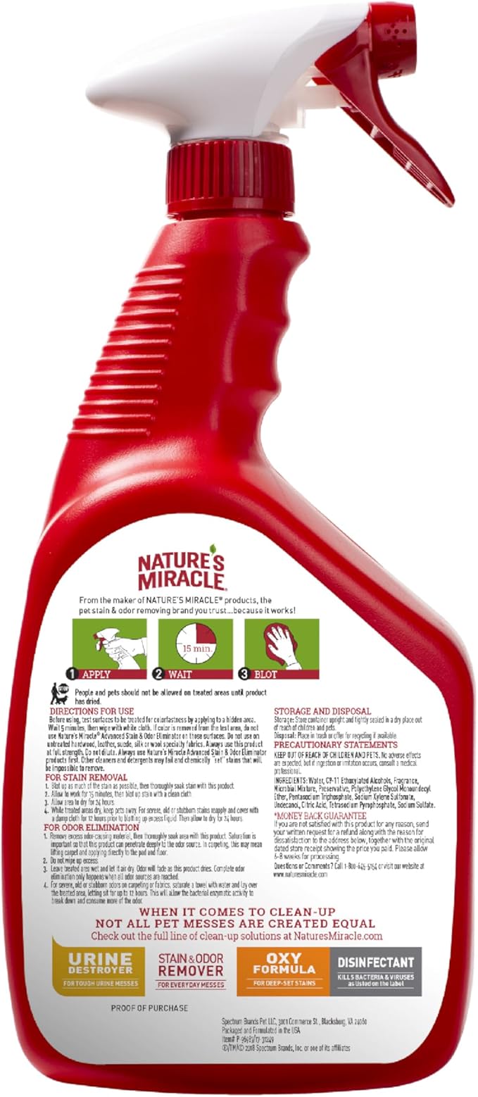 Nature’s Miracle Advanced Stain & Odor Eliminator, 32 Ounces, Sunny Lemon Scent, Severe Mess Enzymatic Formula For Tough Pet Messes