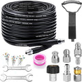 Sewer Jetter Kit for Pressure Washer, 25FT Drain Cleaner Hose 5800PSI with 1/4 Inch NPT Corner, Rotating Nozzle and 4 Different Button Nose Sewer Jet Nozzles, Waterproof Tape and 2 Spanners (Black)