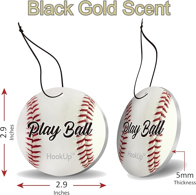 Baseball Car Air Freshener by HookUp - 4 Pack - Black Gold Scent (Extra Strong) | Unique Baseball Gift for Players, Coach, Fans | Hanging Car Accessory with Long Lasting Fresheners Smell