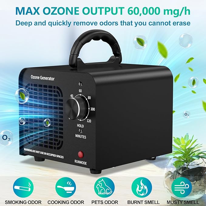Ozone Generator 65,000mg/h,Commercial/Home Ozone Odor Eliminator, Portable High-capacity O3 Ion Deodorizer, Suitable for 4500 Square Feet of Cars, Pets, Kitchens, Smoke-filled Spaces(Black)