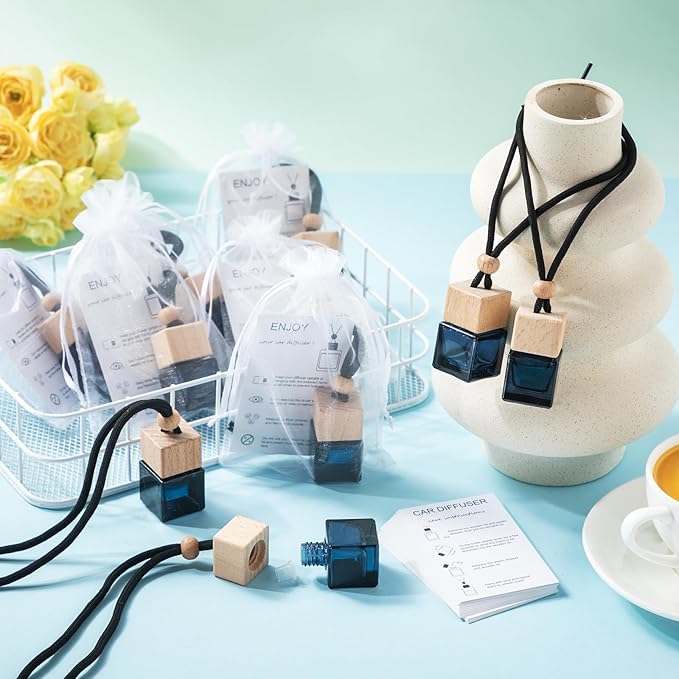 Boao 25 Sets Hanging Car Air Freshener Diffuser Bottles Empty Bulk with Car Diffuser Instruction Cards Organza Bags Glass Refillable Essential Oil Fragrance Aromatherapy Pendant (Square)