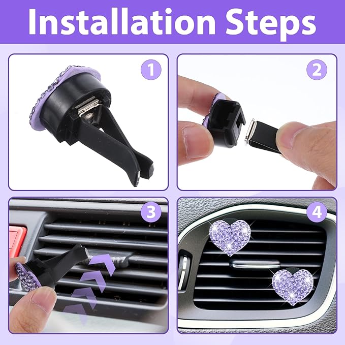 4Pcs Bling Heart Air Vent Clips, Universal Car Air Conditioning Fresh Clip, Sparkling Heart Car Vent Clips, Decorative Purple Cars Accessories for All Vehicles