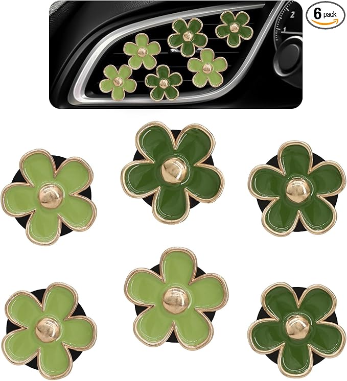 Green Flower Car Decor,6pcs Green Daisy Air Vent Clips Car Air Fresheners,2 Sizes Sage and Olive Green Flowers Dashboard Decorations Accessories for Women,Girly Refillable Diffuser
