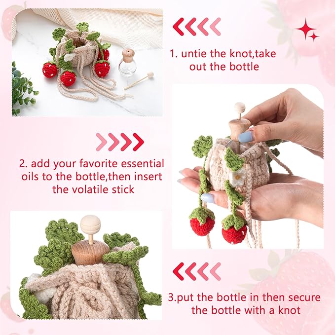 Cute Crochet Plant Car Freshener 12ml Empty Refillable Diffuser Bottle with Plants Hanging Accessories for Rearview Mirror Home Office Decor Women Mother's Day Gifts(Strawberry)