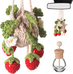 Cute Crochet Plant Car Freshener 12ml Empty Refillable Diffuser Bottle with Plants Hanging Accessories for Rearview Mirror Home Office Decor Women Mother's Day Gifts(Strawberry)