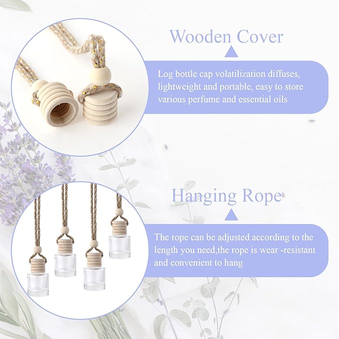20Pcs Hanging Empty Car Freshener Glass Bottle, Essential Oil Car Diffuser, Aromatherapy Fragrance Perfume Diffuser Bottle Pendant with Wooden Caps & Hanging String(8ML)