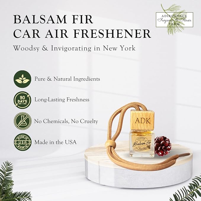 ADK Balsam Fir Car Air Freshener, Long-Lasting Essential Oil Diffuser for Hanging or Clipping, Made in the USA