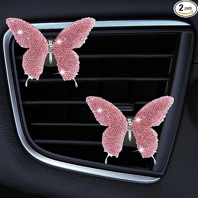 Dotesy 2 Pack Bling Bling Butterfly Air Vent Clips Crystal Butterfly Car Air Fresheners Vent Clips Diamond Cute Car Interior Decor for Women (Pink)