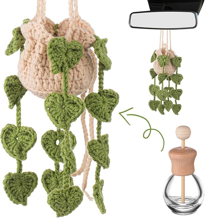 Cute Crochet Plant Car Freshener 12ml Empty Refillable Diffuser Bottle with Plants Hanging Accessories for Rearview Mirror Home Office Decor Women Mother's Day Gifts(Leave)