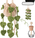 Cute Crochet Plant Car Freshener 12ml Empty Refillable Diffuser Bottle with Plants Hanging Accessories for Rearview Mirror Home Office Decor Women Mother's Day Gifts(Leave)