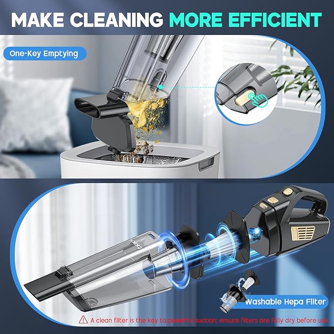 Handheld Vacuum Cordless, 15000PA Strong Suction Hand Held Car Vacuum Cleaner Portable with Multi-Nozzles & Washable Filter, Lightweight Dust Busters Rechargeable for Home, Car, Office, Pets