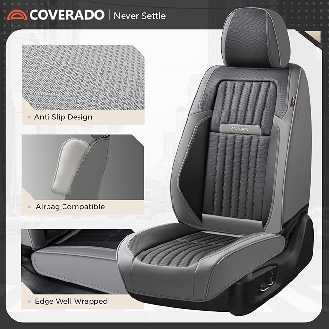Coverado Car Seat Covers Front Seats, Seat Covers for Cars, Car Seat Protector, 2-Pack Car Seat Cushion Nappa Leather, Waterproof Seat Covers Carseat Cover Universal Fit for Most Cars(Gray&Black)