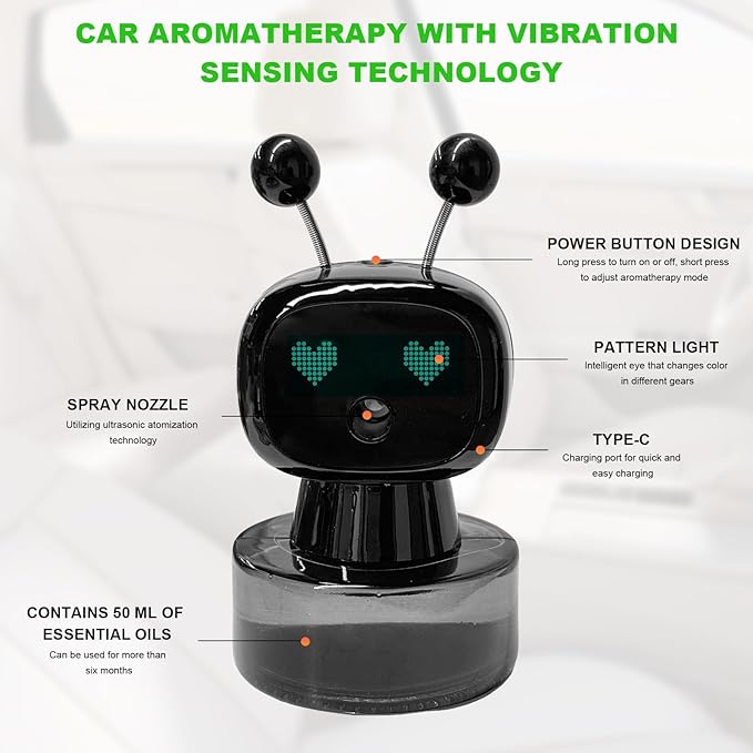 Smart Cute Robot Car Air Freshener, Fine Spray Car Aromatherapy Machine with Four-Gear Adjustment, Auto On/Off Mini Robot Fillable Essential Oil Diffuser for Vehicle Home Office (Cologne)