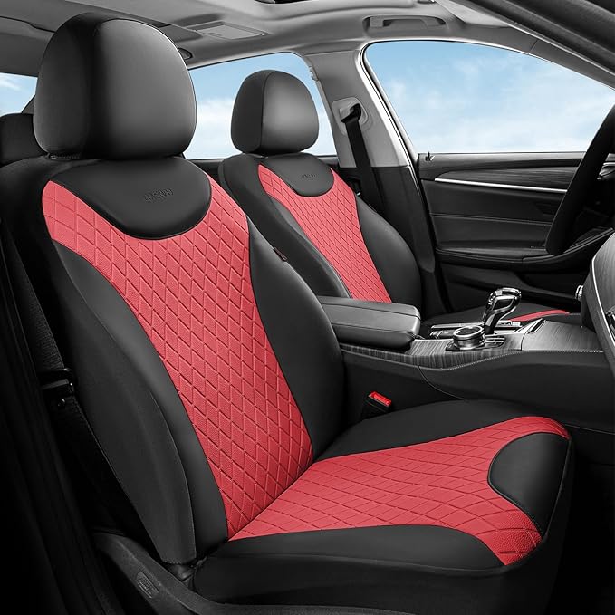 Coverado Front and Rear Seat Covers, 5 Packs Leather Seat Covers for Cars, Car Seat Protectors with Splicing Design，Universal Car Seat Cushions Waterproof Seat Covers Fit for Most Cars, Black & Red