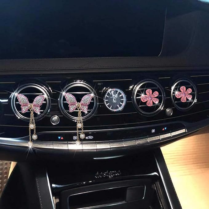 4 Pcs Pink Bling Butterfly and Daisy Car Air Fresheners Vent Clips Diffuser Vent Clip Rhinestone Diamond Decoration Car Interior Decor Cute Accessories for Women, Automotive Air Fresheners