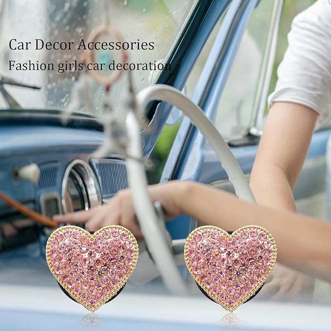 Pink Heart Air Vent Clips Car Air Freshener 2pcs Bling Rhinestone Girly Heart Car Decor for Women Car Interior Decorations