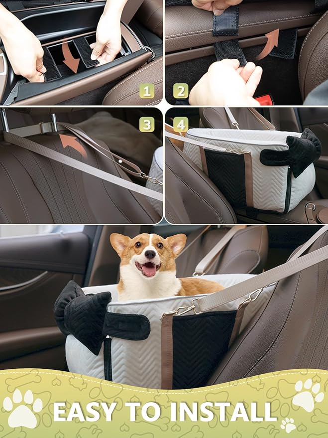 Small Dog Car Seat, Portable Dog Seat with Soft Washable Cushion,Center Console Dog Car Seat for Small Dogs Up to 13lbs(White)