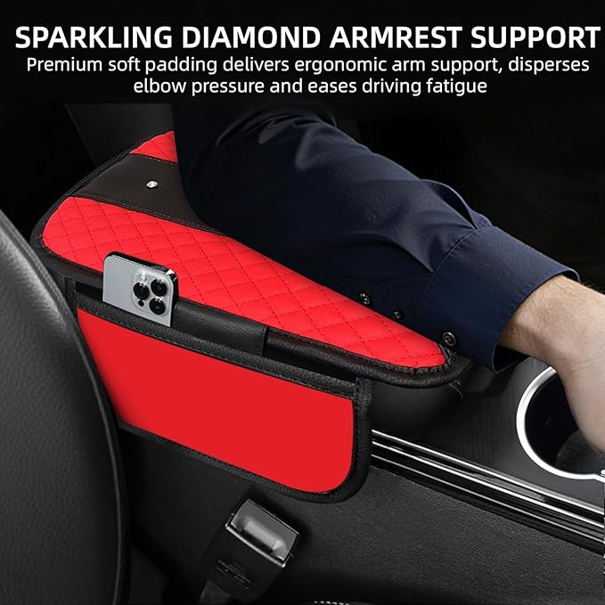 NBTEPEM Bling Crown Car Center Console Armrest Cover, Leather Middle Console Cover Cushion with 2 Storage Bags, Car Armrest Storage Box Interior Accessories for Most Vehicles(Red)