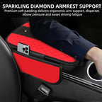 NBTEPEM Bling Crown Car Center Console Armrest Cover, Leather Middle Console Cover Cushion with 2 Storage Bags, Car Armrest Storage Box Interior Accessories for Most Vehicles(Red)