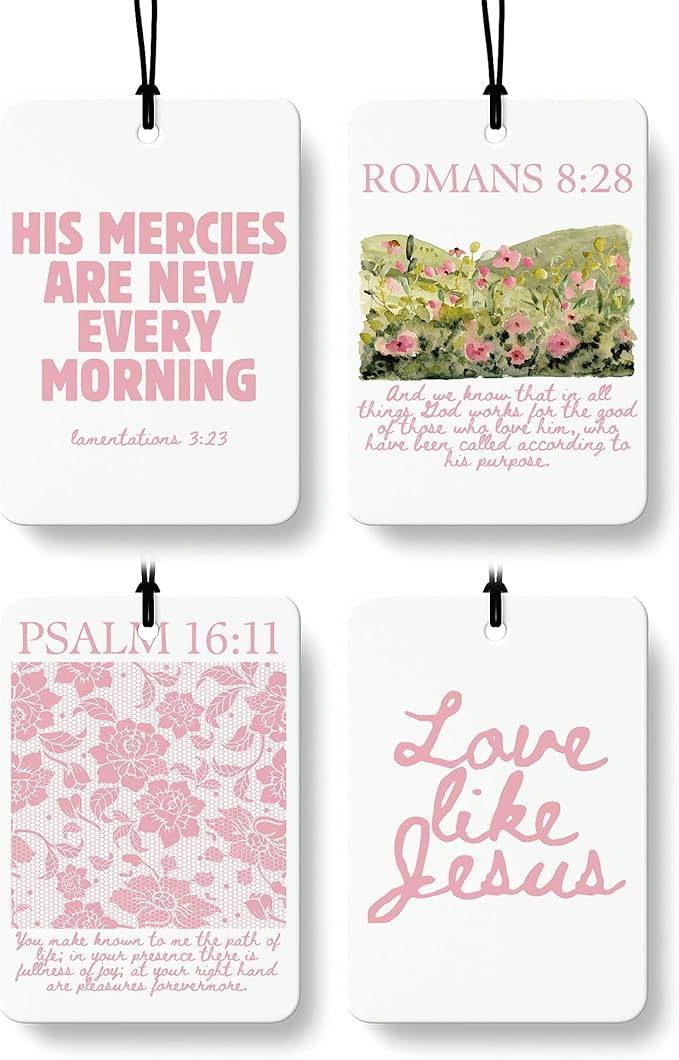 Boho Pink Floral Christian Car Air Freshener 4 Pcs Coconut Scented, Faith Based Girly Car Accessories Mirror Decor for Women, Religious Hanging Air Freshener for Cars Closet Drawer Books