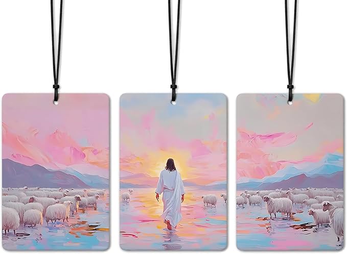 Jesus Christian Car Air Freshener 3 Pcs, Jesus & Lost Sheep on a Wild Flower Field Religious Air Freshener Hanging for Cars Books Closet Drawer,Christian Girly Car Accessories for Women Girls 2