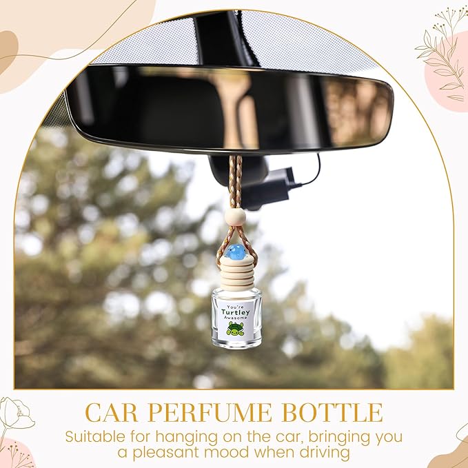 24 Set Hanging Car Air Freshener Car Diffuser Bottles Empty Bulk Employee Appreciation Gifts Glass Perfume Bottle with Resin Turtle and You're Turtley Awesome Tags for Essential Oil