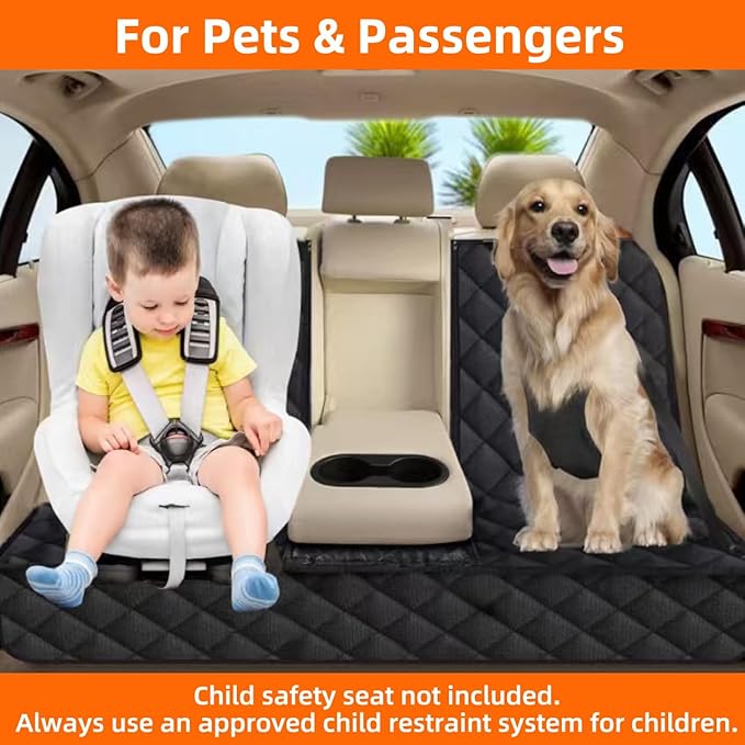 Dog Car Seat Cover for Back Seat, Waterproof Bench Backseat Protector, Nonslip Rear Seat Cover for Kids & Pets, Compatible with Middle Armrests, Fits Most Cars & Midsize SUVs