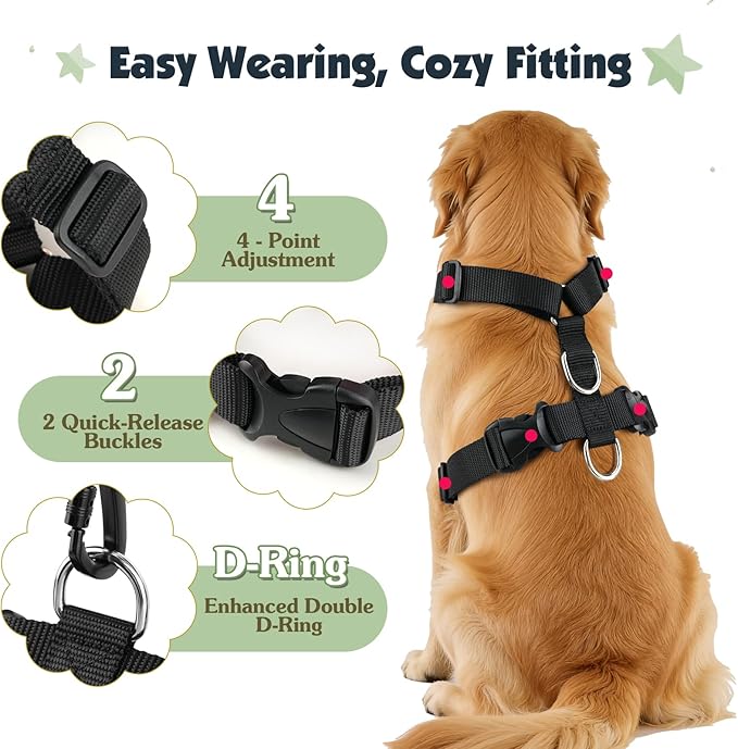 Pawaboo Dog Seat Belt Harness for Car, Dog Car Harness Seatbelt with Double Clips, Adjustable Breathable Pet Vest & Dogs Safety Tether with Elastic Bungee for Small Medium Large Pet, L, Green + Black