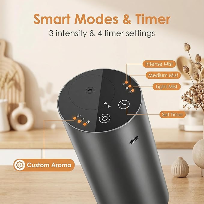 Waterless Car Diffuser, Battery Operated Essential Oil Diffuser with Timer, No Leakage Technology, Super Quiet Cordless Aromatherapy for Car