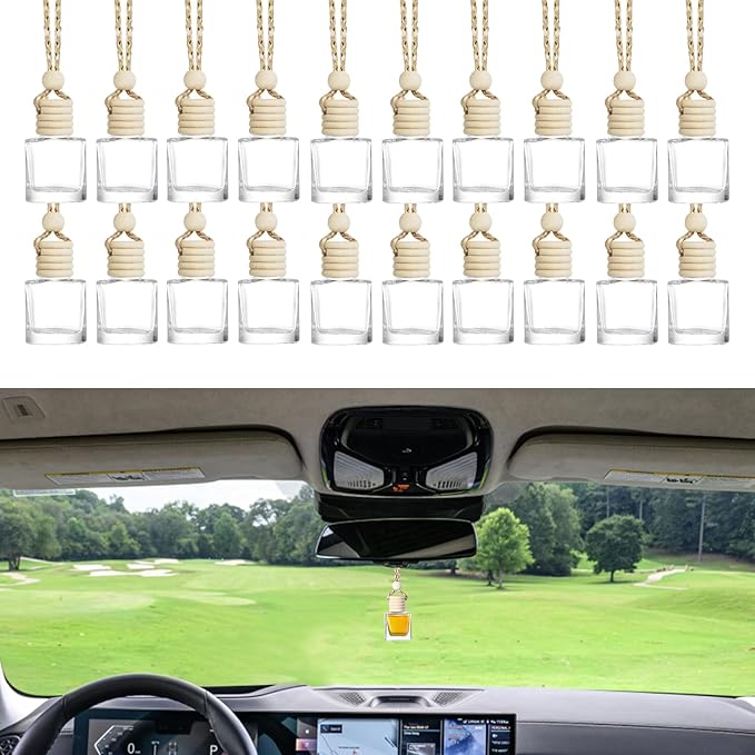 ASUBHA 20 PCS 8ml Hanging Car Air Freshener Diffuser,Empty Clear Glass Essential Diffuser Oil Aromatherapy Fragrance Perfume Pendant Glass Vials with Wooden Caps & Hanging String, Cylindrical