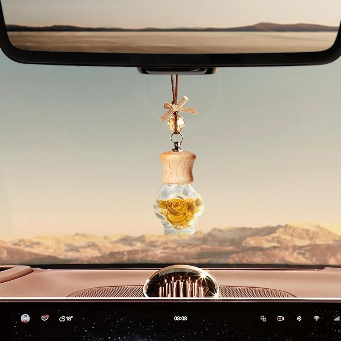 6 Pack Leak-Proof Hanging Car Diffuser - 8ml Refillable Empty Bottles with Wood Caps, 3 Funnels & 2 Droppers - Essential Oil Air Freshener for Car, Home or Office (6, Camellia)