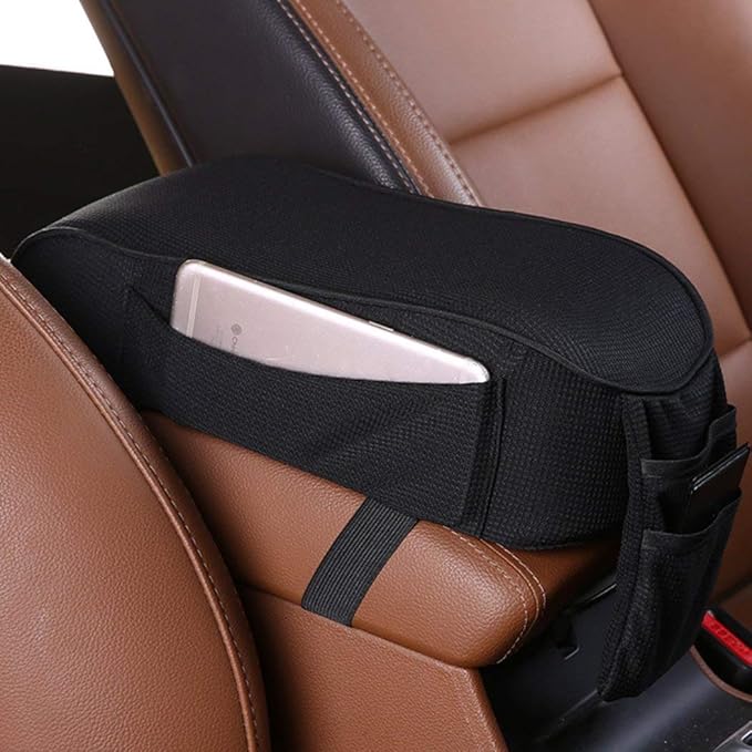 Car Armrest Cushion,EGBANG Auto Center Console Armrest Pillow, Memory Foam Car Armrest Console with Phone Holder Storage Pockets Universal Fit for Most Car (Black)