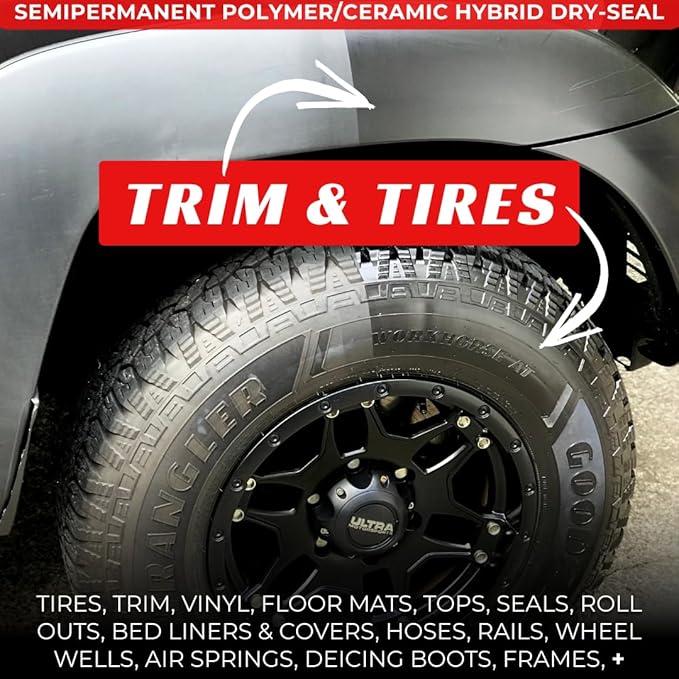 RENEW PROTECT - BLAK & SATN, Acrylic Ceramic-Hybrid Protectant, Enduring Tire & Trim Restorer, Low- High-Shine, Floor Mats- Golf Cart- and Motorcycle-Safe, Wash-Proof, 5 min Dry-Seal 6.8oz, BLAK+SATN