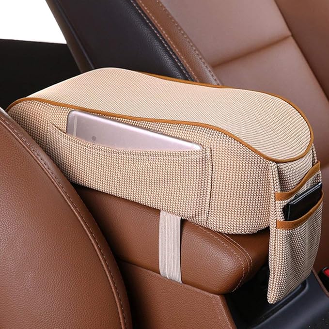 Car Armrest Cushion, Auto Center Console Armrest Pillow, Memory Foam Car Armrest Console with Phone Holder Storage Pockets Universal Fit for Most Car (Beige)
