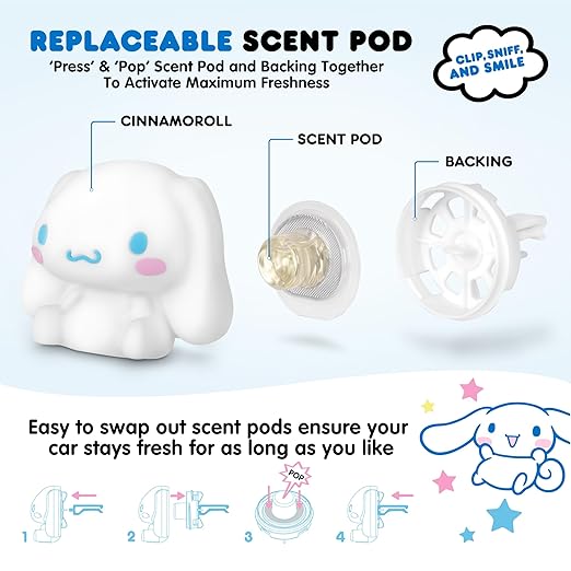 Carbella Hello Kitty Car Air Freshener – Cute and Long-Lasting Cinnamoroll Air Freshener for Car, Easy Clip-On Hello Kitty Car Accessories, Odor Eliminator, Fun Scents, 30 Days Freshness, White/Blue