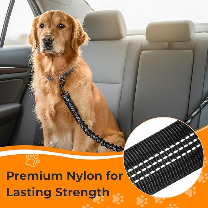 Dog Seat Belt for Car Headrest or Seatbelt Clip, Adjustable Reflective Dog Leash with Elastic Bungee Buffer, Nylon Safety Seatbelt Harness for Medium & Large Dogs (Black)