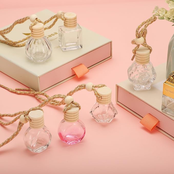 uxcell 8pcs Hanging Car Air Freshener Perfume Bottle, 10ml Pendant Empty Clear/Pink Glass Essential Oil Aromatherapy Diffuser with Wooden Cap for Car Decor (Clear/Pink, Round)