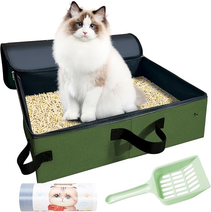 Large Portable Cat Travel Litter Box, 20x14x6.5 Inches with Zipped Lid & 10 Liners, Leak-Proof, Lightweight, Sturdy & Waterproof and Foldable for Hotels, Car, & Camping