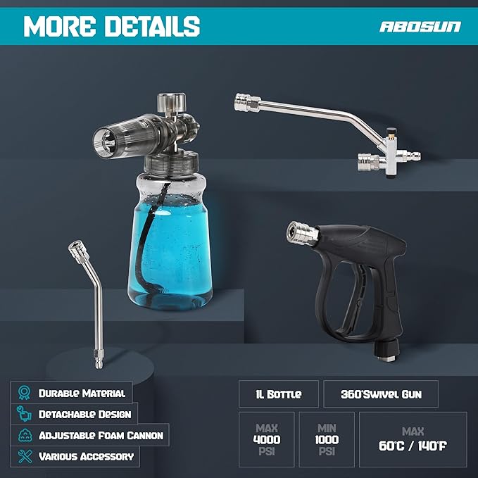 Foam Cannon Kit for Pressure Washer, Dual Connector Snow Foam Gun with Spray Gun, 5 Nozzle Tips, Curved Rods, 3/8" Swivel Quick Connect, M22-14mm & M22-15mm Adapters