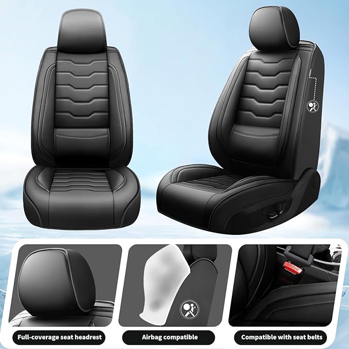 Fit Frontier Car Seat Covers Compatible with Nissan Frontier 2010-2025 2026 -Full Set Premium Leather， Waterproof Breathable， All-Weather Seat Cushion Protecto&Airbag Compatible（Full Set,Black