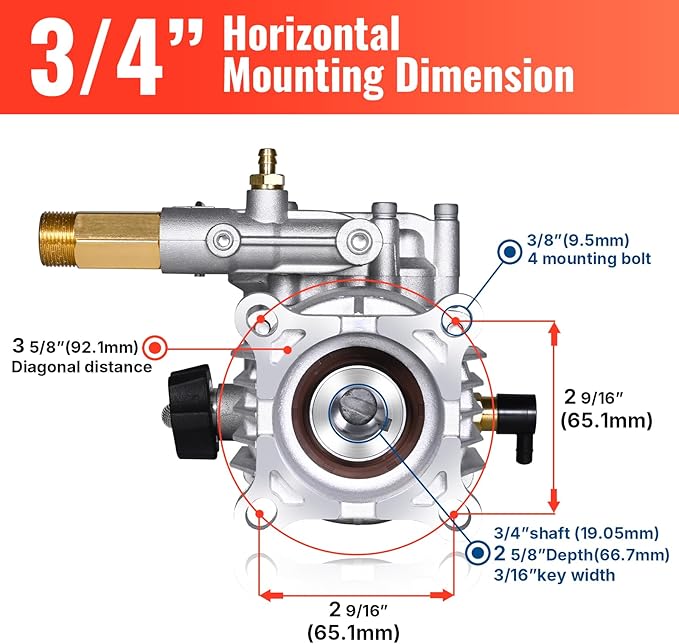 YAMATIC 3/4" Shaft Horizontal Pressure Washer Pump 3400 PSI @ 2.5 GPM Replacement Pump, Replacement Pump Compatible with Homelite, Troybilt, Simpson, Honda GC160 GC190 and More