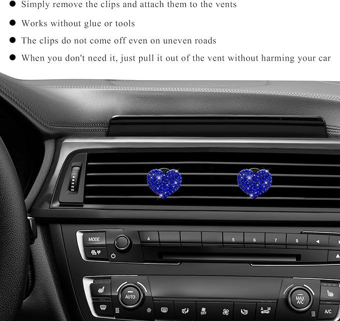 2 PCS Bling Car Air Vent Clip, Crystal Heart Car Air Fresheners Diffuser Vent Clip, Rhinestone Air Conditioning Outlet Clip For Women Girls, Interior Decor Car Accessories (Heart, Blue)