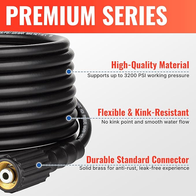YAMATIC Pressure Washer Hose 100FT x 1/4", 3200 PSI Kink Resistant OEM-Quality Upgrade Power Washer Replacement/Extension with M22-14mm Brass Fittings for Ryobi, Troy Bilt, Greenworks, Craftsman