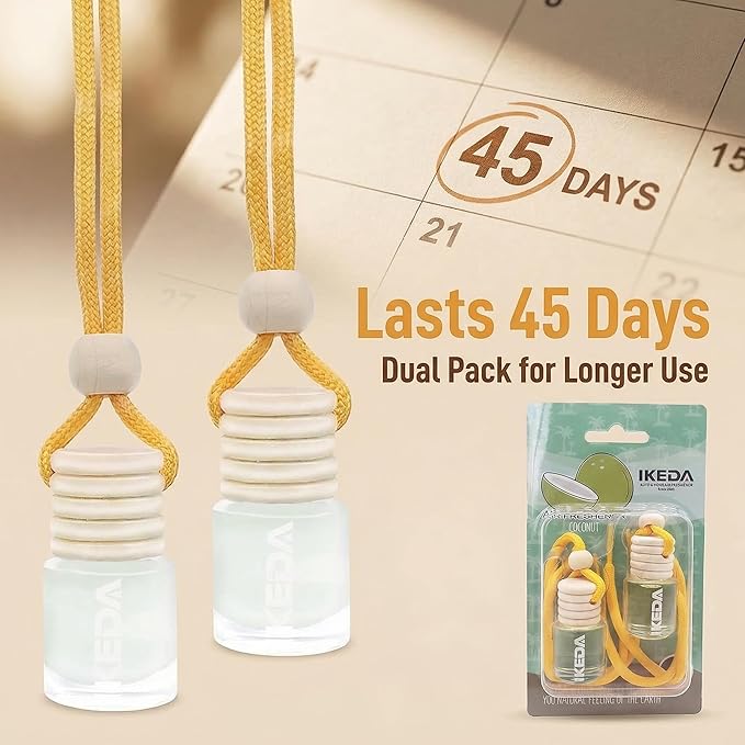 IKEDA Car Air Freshener, Essential Oil Diffuser for Car, 4ml Hanging Car Air Freshener, 45+ days Long Lasting Air Freshener(2 * 4ml Pack of Coconut)
