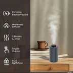 Waterless Essential Oil Diffuser with 8 Color LED Night Light, 3 Mist Levels & Timers, Portable Rechargeable Aromatherapy Diffuser for Home Car Room Studio Office, Black Metal (Grey)