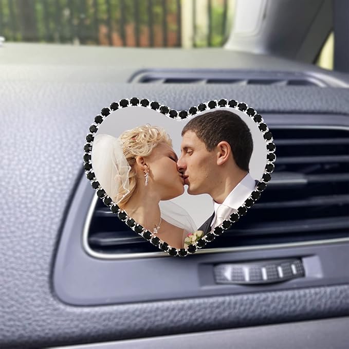 Custom Pictures Car Air Freshener Vent Clips, Personalized Black Rhinestone Photo Frame Air Fresheners Outlet Clips, Car Decoration In Memory of Someone (B-Heart Rhinestone-Bordered)