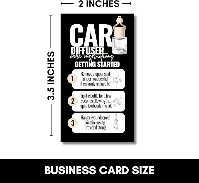 Car Diffuser Instruction Cards | Physical Printed 2" x 3.5" inches Business Card Size | Car Diffuser Supplies | White with Black Design (black)